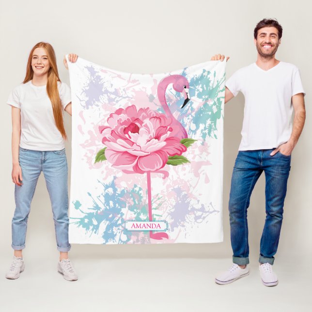Personalized Hand painted Pink flamingo Fleece Blanket (In Situ)