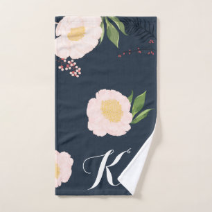 Personalized Hand Towel Baby Pink Cosmos on Navy