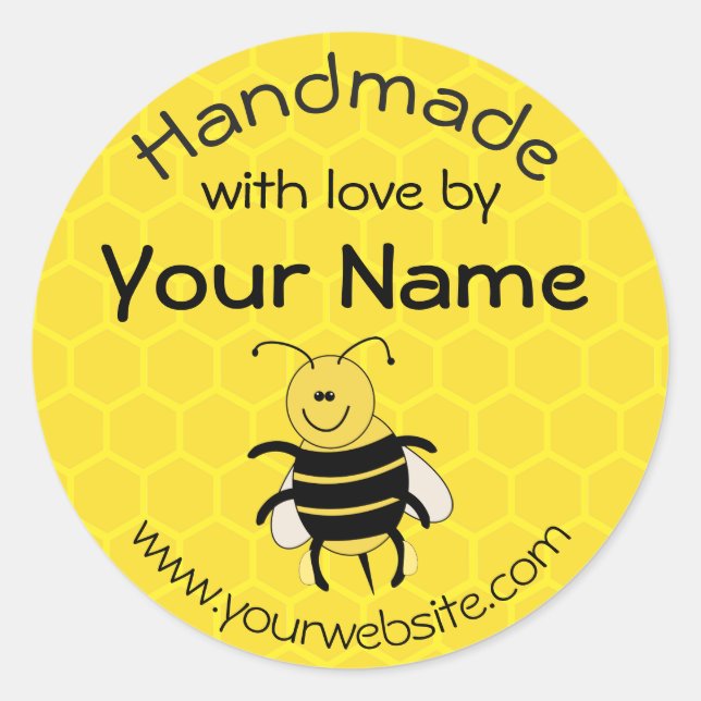 Personalized Handmade By Round Sticker Honeybee (Front)