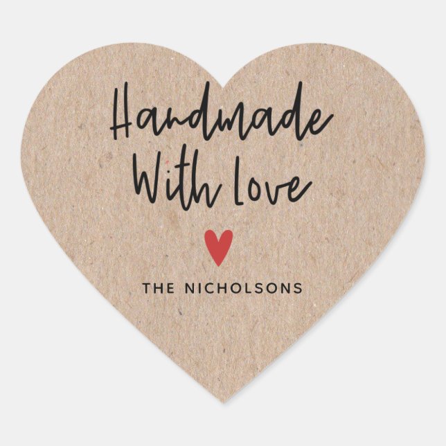 Personalized Handmade With Love Rustic Kraft Heart Sticker (Front)