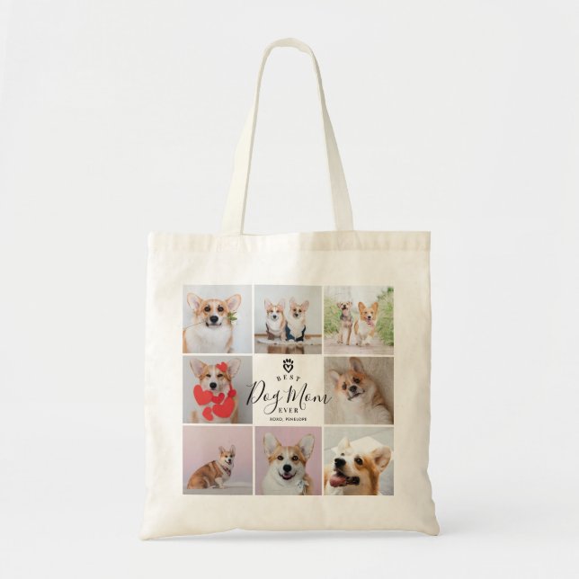 Personalized Handwritten Best Dog Mom 8 Photo Tote Bag (Front)