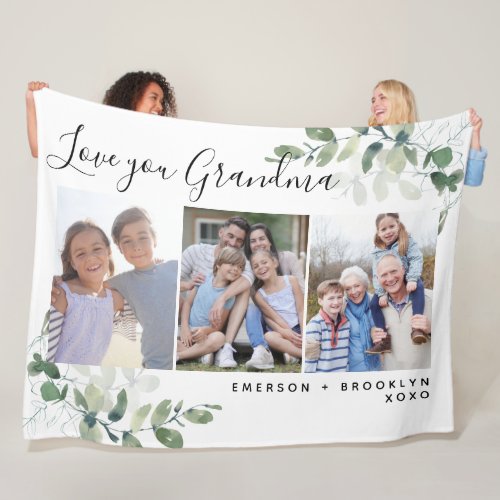 Personalized Handwritten Love You Grandma 3 Photo Fleece Blanket