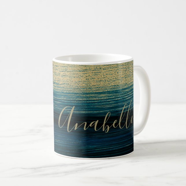 Personalized handwritten name gold glitter navy coffee mug (Front Right)