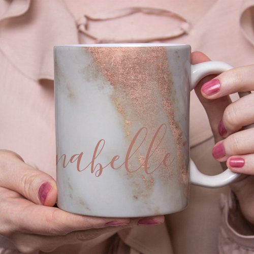 Personalized handwritten name rose gold marble coffee mug