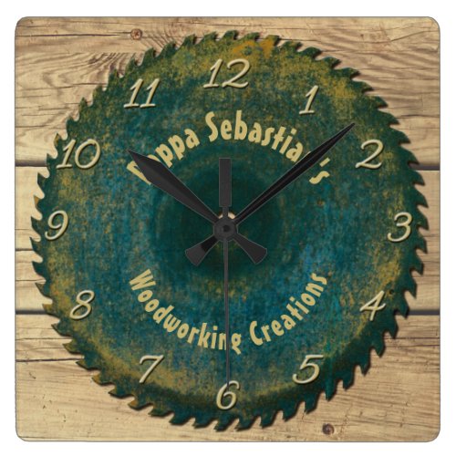 Personalized Handyman Woodworking Rustic Saw Blade Square Wall Clock