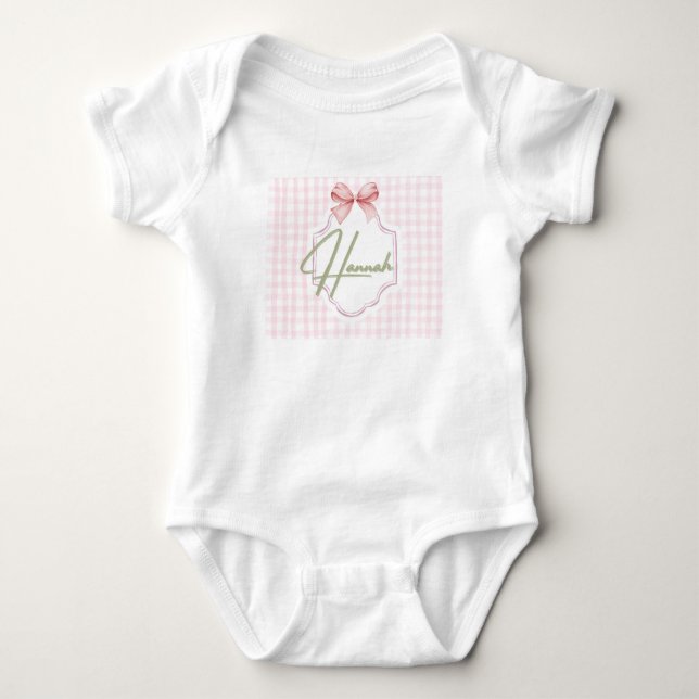 Personalized Hannah Baby Girl Nursery Bow&Gingham Baby Bodysuit (Front)