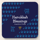 Personalized HANUKKAH BLESSINGS Beverage Coaster<br><div class="desc">Modern blue HANUKKAH BLESSINGS coasters with all-over dreidel pattern, which says HANUKKAH BLESSINGS and placeholder name in white typography, and FAMILY, FRIENDS & FUN and PEACE, LOVE & JOY in cyan blue typography in the corners. This is set against a pattern of cyan blue DREIDELS against midnight blue background. The...</div>