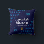 Personalized HANUKKAH BLESSINGS Throw Pillow<br><div class="desc">Modern blue HANUKKAH BLESSINGS throw pillow with all-over dreidel pattern, which says HANUKKAH BLESSINGS and placeholder name in white typography, and FAMILY, FRIENDS & FUN and PEACE, LOVE & JOY in cyan blue typography in the corners. This is set against a pattern of cyan blue DREIDELS against midnight blue background....</div>