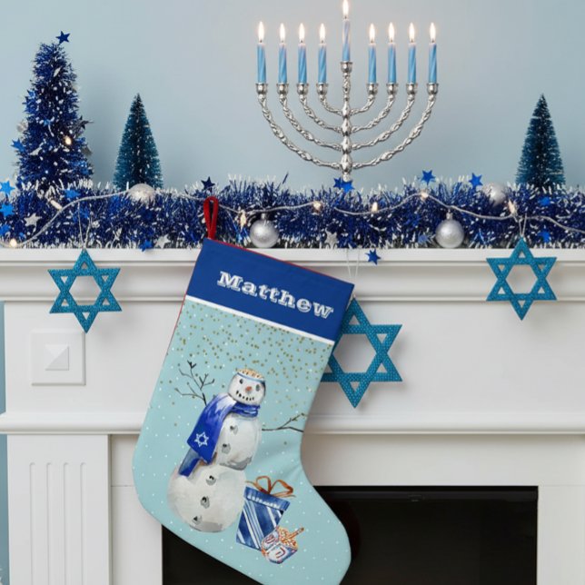 Personalized Hanukkah Blue Snowman Watercolor Small Christmas Stocking (Creator Uploaded)