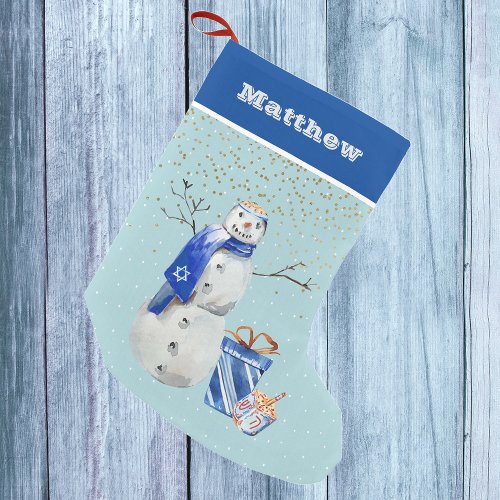 Personalized Hanukkah Blue Snowman Watercolor Small Christmas Stocking