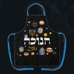 Personalized Hanukkah Menorah Dreidel Apron<br><div class="desc">Set a Happy Hanukkah tone with our Personalized Bold & Bright Hanukkah Apron. Sure to make someone special smile. It is the perfect way to wish friends and family a Happy Hanukkah. Whimsical colorful Chanukah elements — including Jelly Donuts, Dreidels, Wrapped Gifts, Gold Coins and Stars of David— surround the...</div>