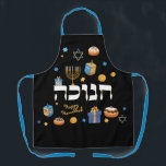 Personalized Hanukkah Menorah Dreidel Apron<br><div class="desc">Set a Happy Hanukkah tone with our Personalized Bold & Bright Hanukkah Apron. Sure to make someone special smile. It is the perfect way to wish friends and family a Happy Hanukkah. Whimsical colorful Chanukah elements — including Jelly Donuts, Dreidels, Wrapped Gifts, Gold Coins and Stars of David— surround the...</div>
