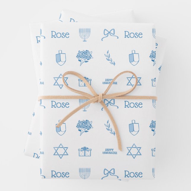 Personalized Hanukkah Preppy Sweet Wrapping Paper Sheets (In situ)