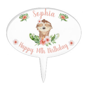 Personalized Happy 14th Birthday Cute Sloth Girl Cake Topper