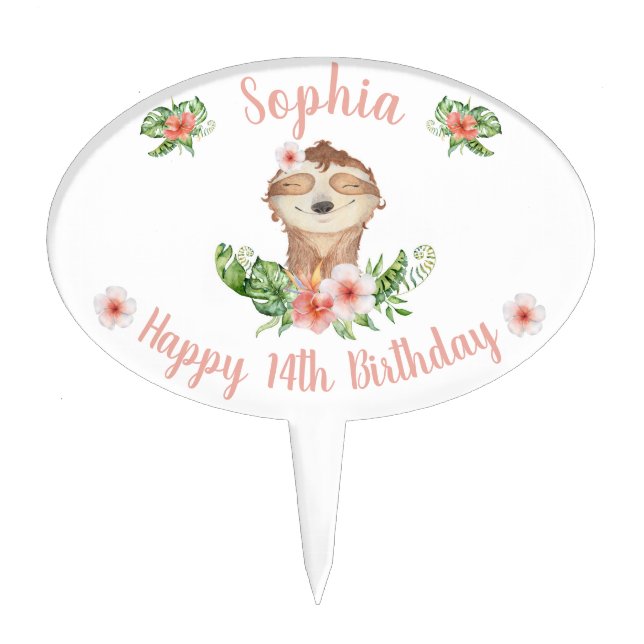 Personalized Happy 14th Birthday Cute Sloth Girl Cake Topper (Front)