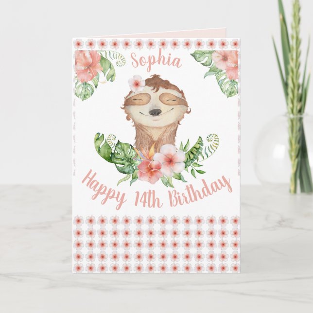 Personalized Happy 14th Birthday Cute Sloth Girl Card (Front)