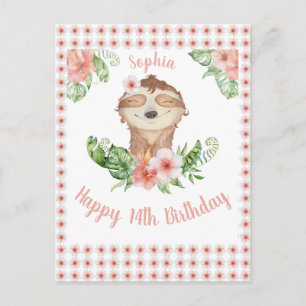 Personalized Happy 14th Birthday Cute Sloth Girl Postcard