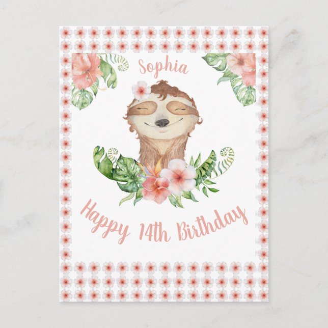 Personalized Happy 14th Birthday Cute Sloth Girl  Postcard (Front)