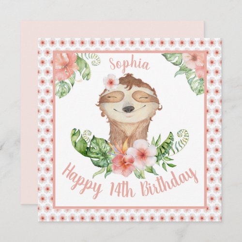 Personalized Happy 14th Birthday Girl Cute Sloth Card