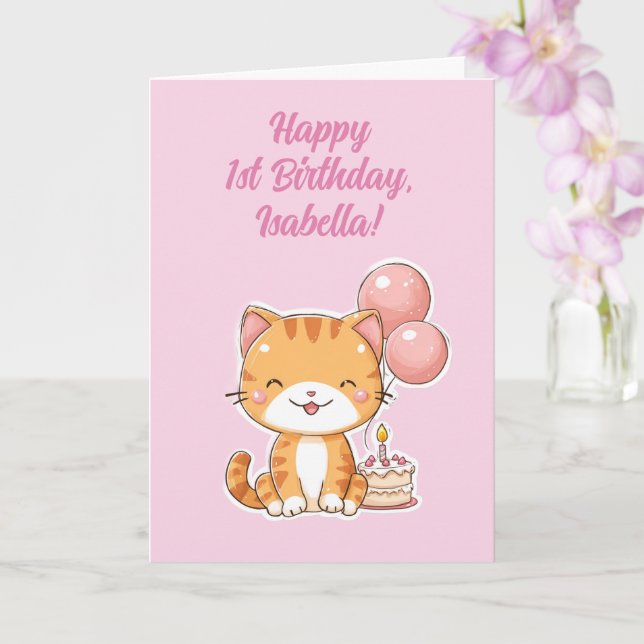 Personalized Happy 1st Birthday Girl, Cute Kitten Card (Orchid)