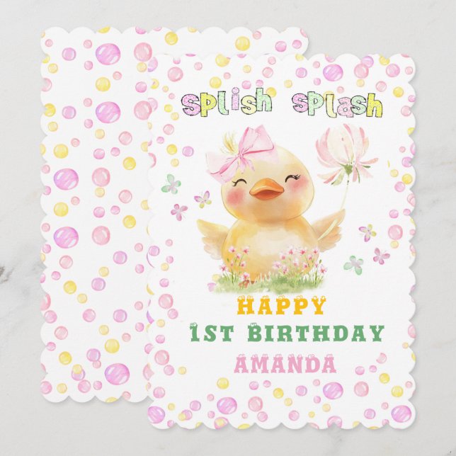 Personalized Happy 1st Birthday Rubber Duck Girl Invitation (Front/Back)