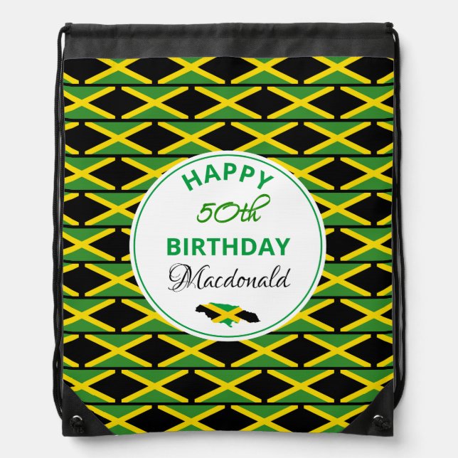 Personalized HAPPY 50th BIRTHDAY Jamaica Flag Drawstring Bag (Front)