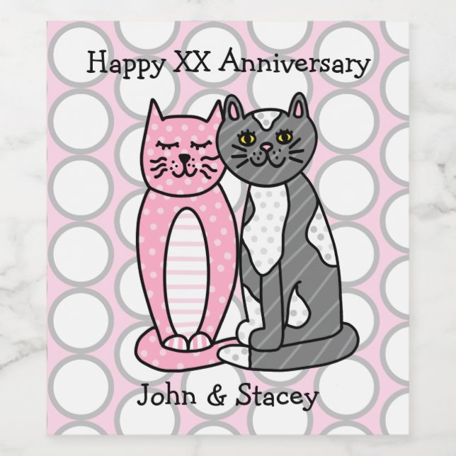 Personalized Happy Anniversary Cute Cuddly Cats Wine Label (Single Label)