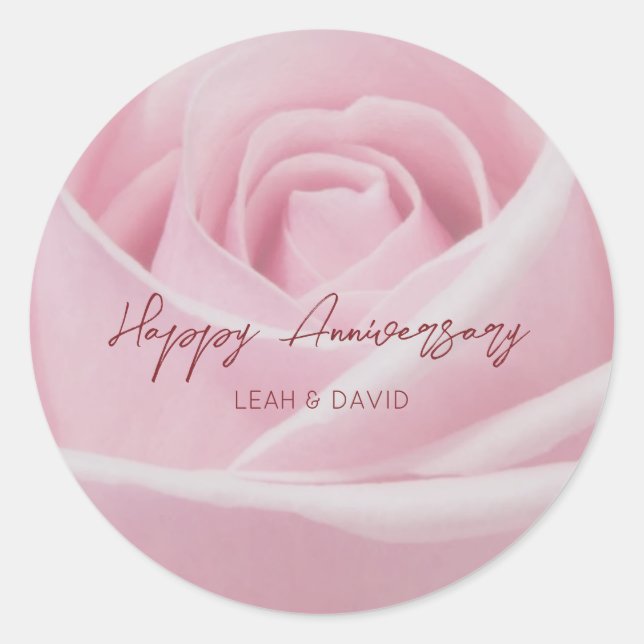 Personalized happy anniversary pink rose classic round sticker (Front)