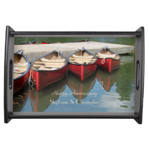 Personalized Happy Anniversary Red Canoes on Lake Serving Tray