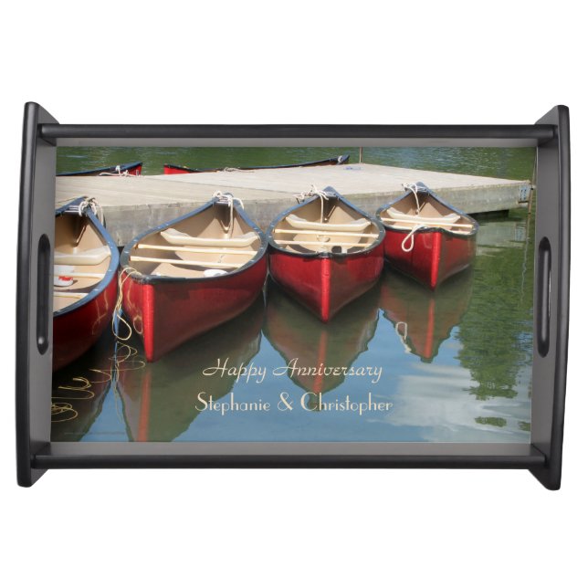 Personalized Happy Anniversary Red Canoes on Lake Serving Tray (Front)