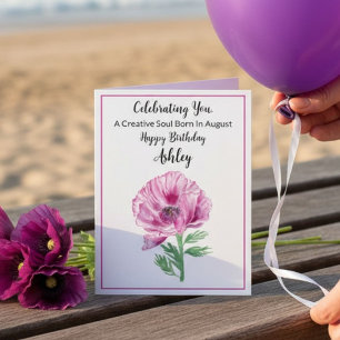 Personalized  Happy August Birthday Purple Poppy Card