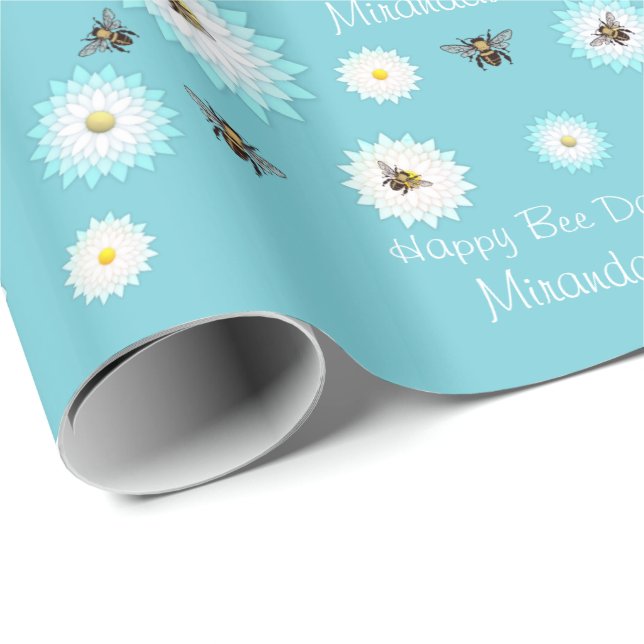Personalized Happy Bee Day Wrapping Paper (Roll Corner)