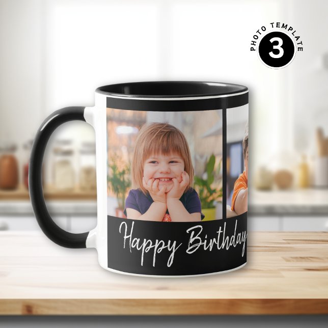 Personalized Happy Birthday 3 Photo Collage Black Mug (Creator Uploaded)