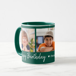 Personalized Happy Birthday 3 Photo Collage Green Mug