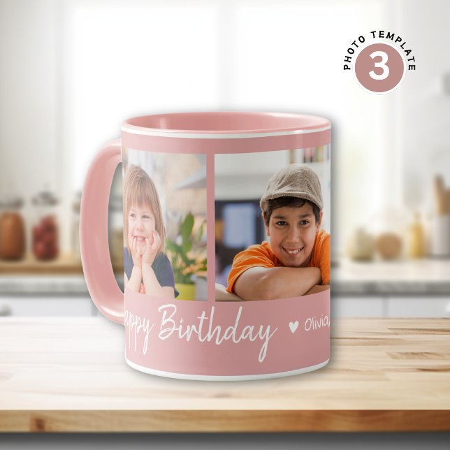 Personalized Happy Birthday 3 Photo Collage Pink Mug (Creator Uploaded)