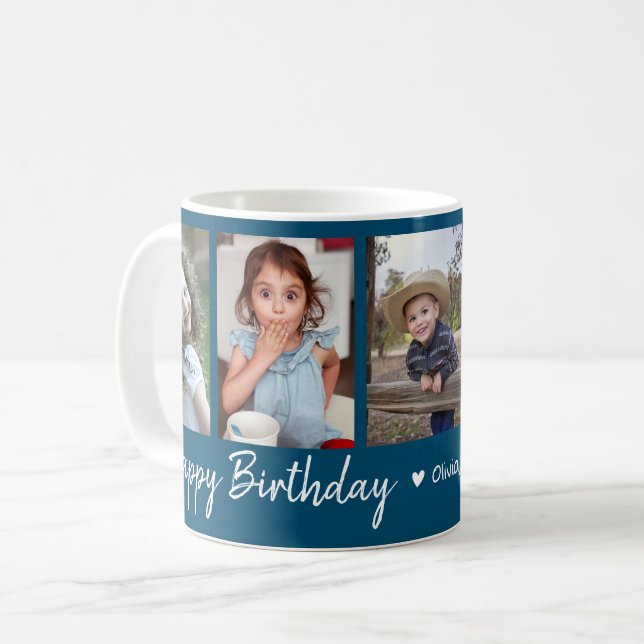 Personalized Happy Birthday 5 Photo Collage Blue Coffee Mug (Front Left)