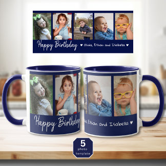 Personalized Happy Birthday 5 Photo Collage Blue Mug