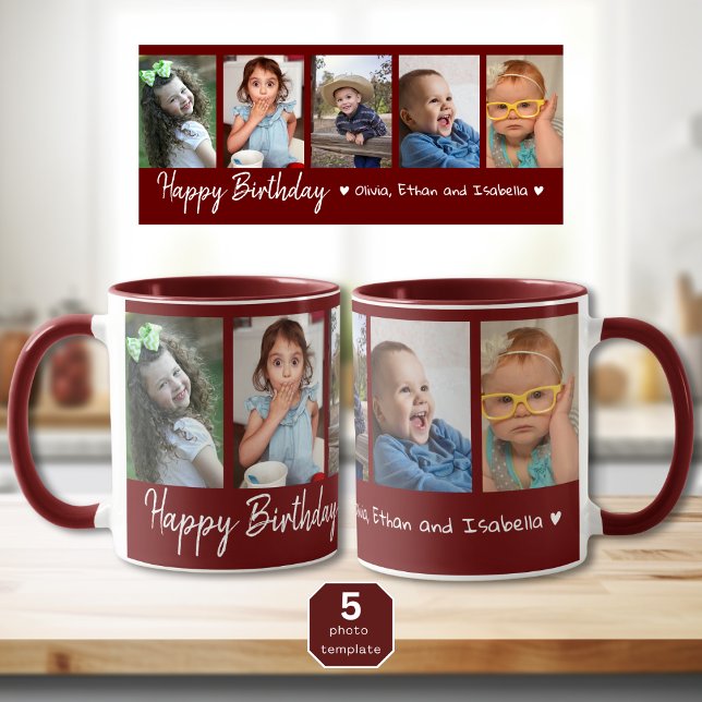Personalized Happy Birthday 5 Photo Collage Maroon Mug (Creator Uploaded)