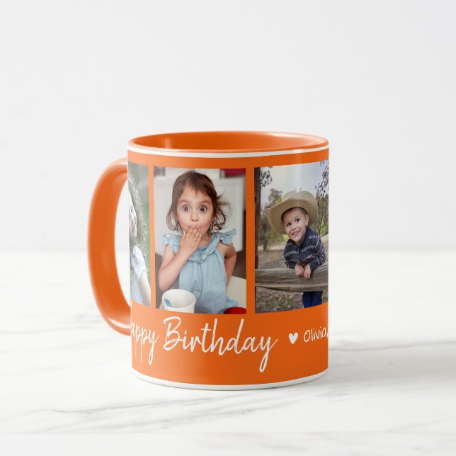 Personalized Happy Birthday 5 Photo Collage Orange Mug (Front Left)