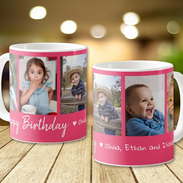 Personalized Happy Birthday 5 Photo Collage Pink Coffee Mug (Creator Uploaded)