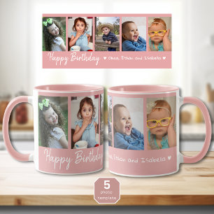 Personalized Happy Birthday 5 Photo Collage Pink Mug