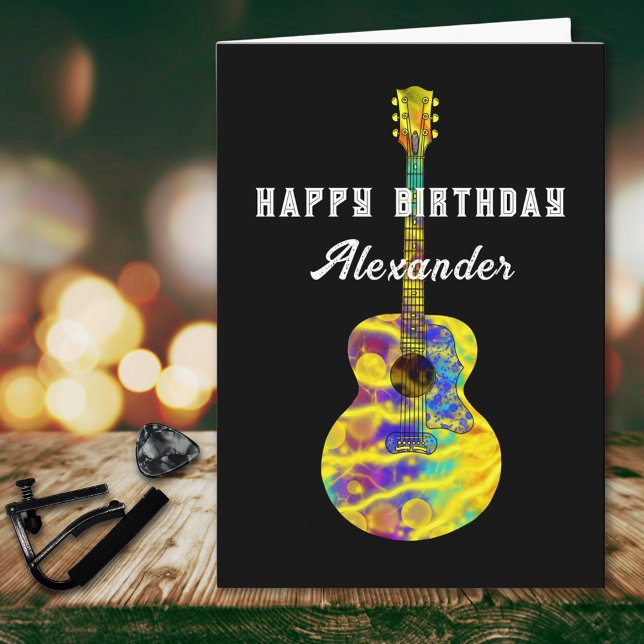 Personalized Happy Birthday Acoustic Guitar Card (Funky psychedelic acoustic guitar art personalized happy birthday greetings card guitarist musician)