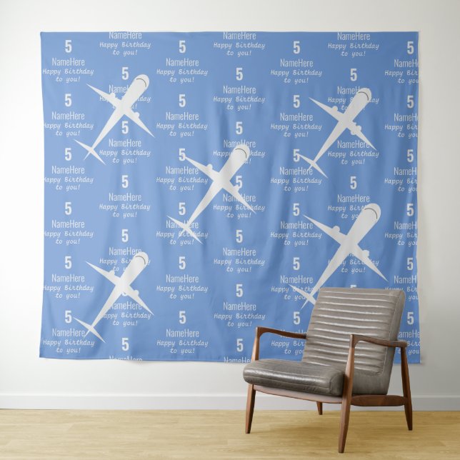 Personalized Happy Birthday Airplane Name Blue Tapestry (In Situ (Horizontal))