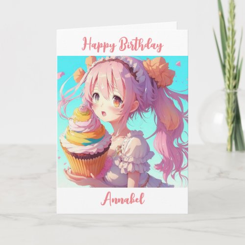 Personalized Happy Birthday Anime Girl Cupcake Card