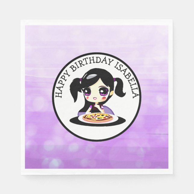 Personalized Happy Birthday Anime Girl Pizza Party Napkins (Front)