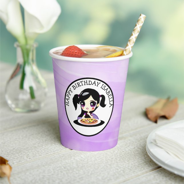 Personalized Happy Birthday Anime Girl Pizza Party Paper Cups (Insitu)