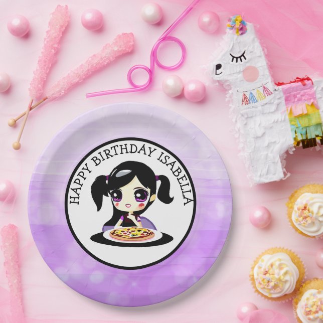 Personalized Happy Birthday Anime Girl Pizza Party Paper Plates (Party)