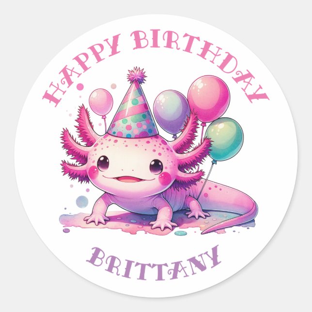 Personalized Happy Birthday Axolotl  Classic Round Sticker (Front)
