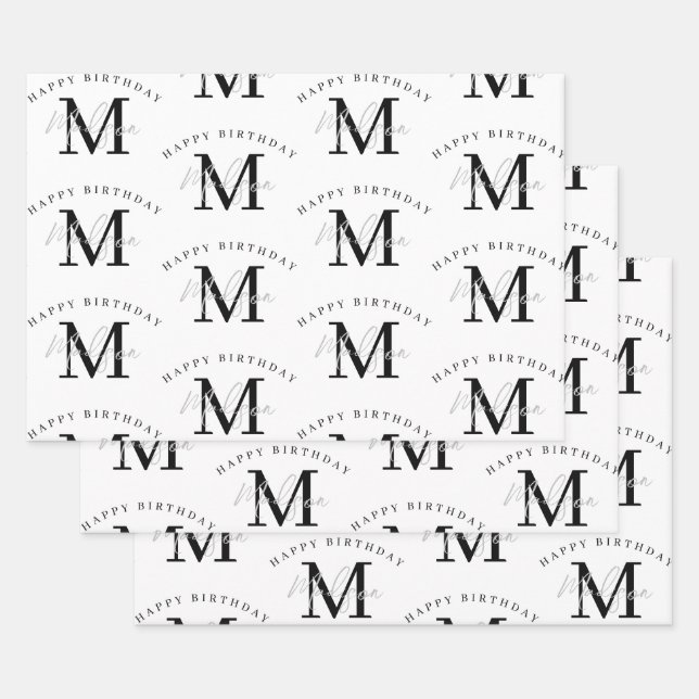 Personalized Happy Birthday Black White Monogram Wrapping Paper Sheets (Set)