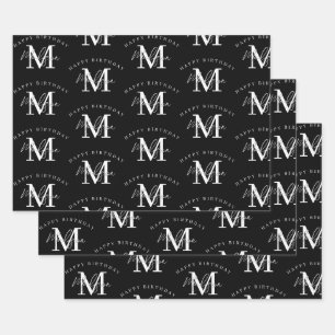 Personalized Happy Birthday Black White Monogram Wrapping Paper Sheets